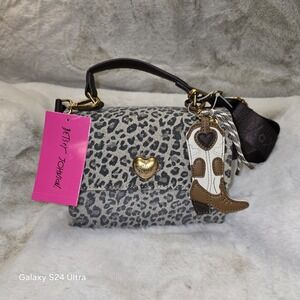 Betsey Johnson Leopard Print Crossbody Bag with Cowboy Boot Charm and Gold Heart